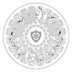 Naklejka premium Elegant circular Asian line art composition with peony flowers cranes and traditional wave patterns