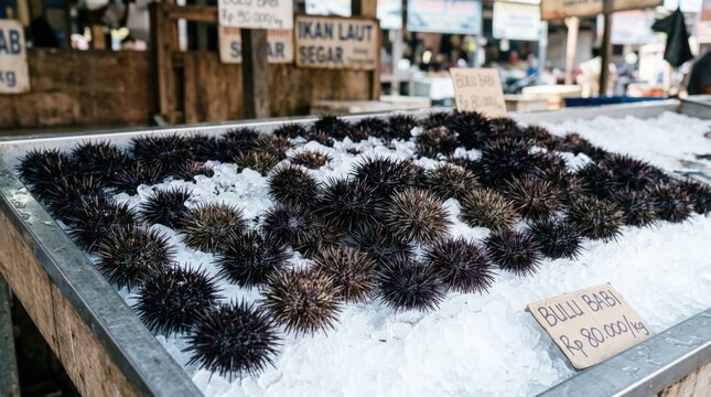 Fresh sea urchin or bulu babi displayed on a bed of ice in a traditional market, showcasing the spiny texture and oceanic origin of this popular seafood delicacy for culinary preparation today.