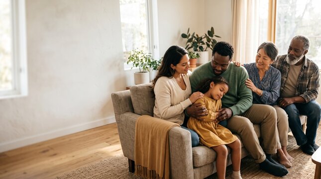 A diverse multi-generational family sharing a tender moment on the couch at home, offering support and comfort to a child, emphasizing strong family bonds and togetherness