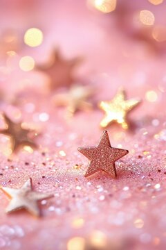 Scattered glittery stars on a soft pink background, with bokeh lights