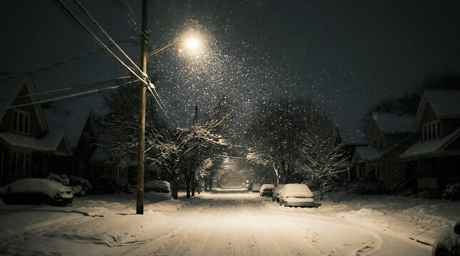 Glowing outdoor streetlight casting bright illumination on dense blizzard snowfall along a silent dark suburban neighborhood street during winter nighttime street lamp light snow night blizzard