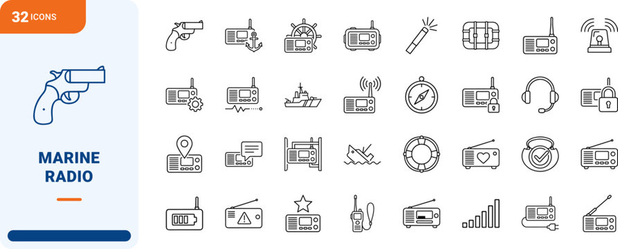 Marine Radio Distress Communication Web Icon Set in Linear Style. Collection of maritime safety line icons, including distress signal, emergency beacon, vessel rescue, radio console, ocean safety.