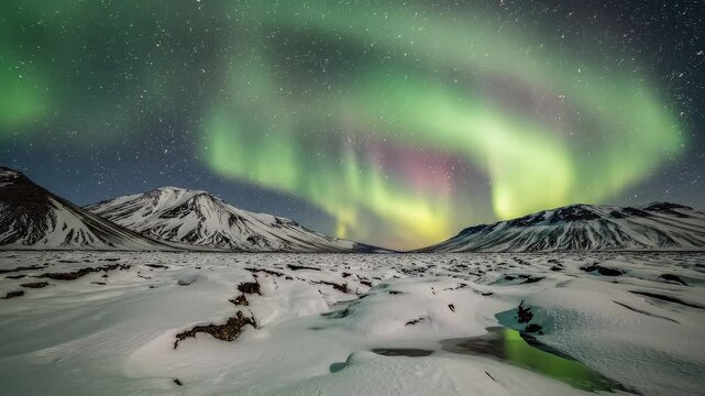 Aurora Borealis dance in starry arctic night sky over snow-covered mountains a celestial phenomenon concept