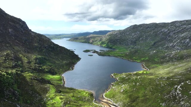 Aerial view of Scottish highland scenery near Eas a' Chual Aluinn, highest waterfall of the United Kingdom, in northern Scotland near NC500