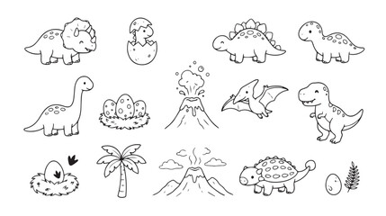 Cute dinosaur coloring page set, hand drawn prehistoric animal line art, 14 black and white vector icons for kids activities © Naveed