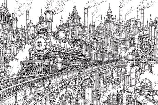 steampunk locomotive, steampunk train, iron city, steampunk city, steam locomotive, clockwork locomotive, futuristic locomotive, fantasy train, industrial fantasy, steampunk architecture, mechanical c