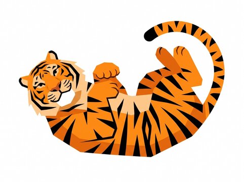 Playful Bengal tiger, flat 2D vector art, bold orange and black stripes, solid white background.