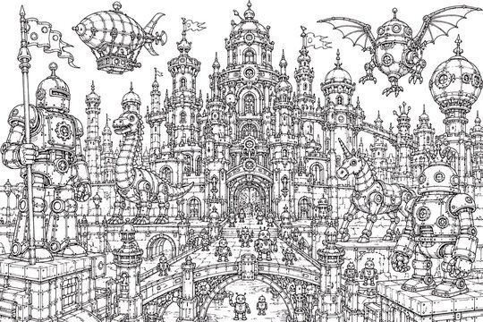 steampunk robot kingdom cityscape, steampunk robot city, steampunk kingdom, steampunk cityscape, robot kingdom, steampunk robots, mechanical city, steampunk architecture, industrial fantasy, fantasy c