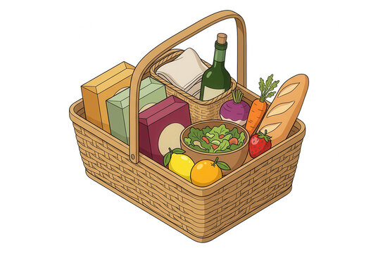 Ein illustrierter Picknickkorb aus Weidengeflecht gef&uuml;llt mit frischem Baguette, knackigem Gem&uuml;se, Obst, einer Weinflasche und einer Salatsch&uuml;ssel f&uuml;r einen sonnigen Ausflug ins Gr&uuml;ne