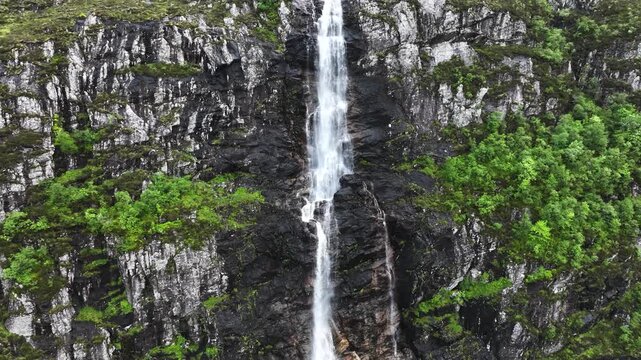 Aerial view of Eas a' Chual Aluinn, highest waterfall of the United Kingdom, in northern Scotland