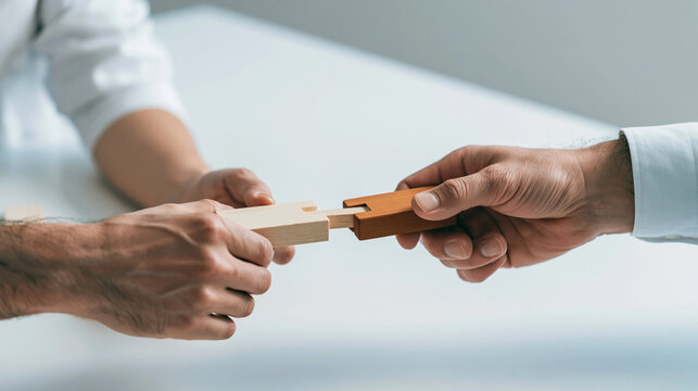Business people hands connecting wooden puzzle pieces, representing collaboration, partnership, and strategy for teamwork success