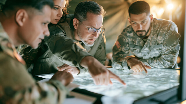 Military personnel planning strategy using interactive map in a command center during critical operations