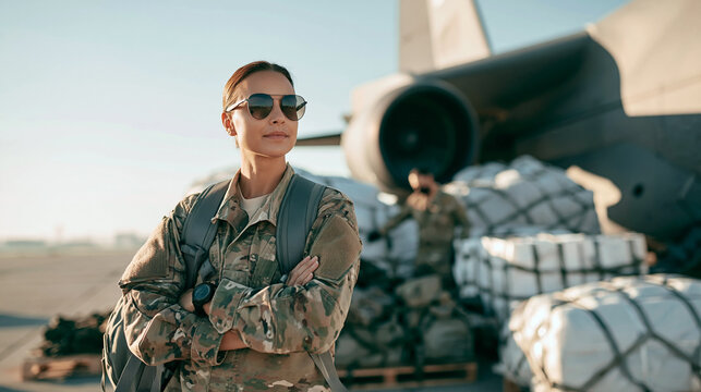 Female soldier in camouflage uniform and aviator sunglasses standing confidently with arms crossed at an airbase