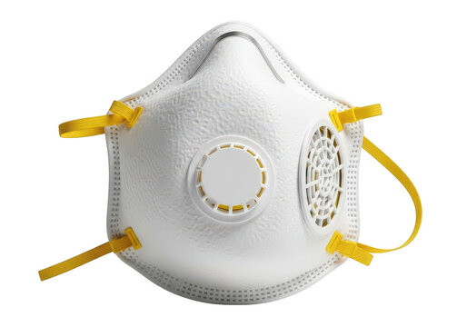 White n95 respirator mask with yellow straps is isolated on transparent background