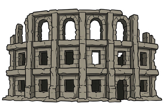 Eine stilisierte Illustration des antiken Kolosseums in Rom, dargestellt als architektonische Ruine mit steinernen B&ouml;gen und S&auml;ulen vor einem wei&szlig;en Hintergrund f&uuml;r kreative Projekte.