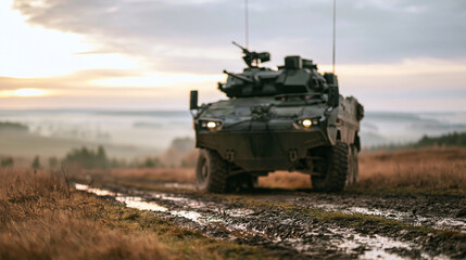 Fototapeta premium Military armored combat vehicle driving on a muddy field road at sunrise, highlighting defense and security concepts