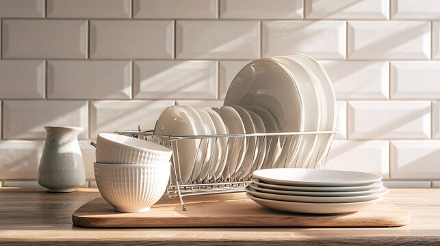 Clean white dishes drying in a metal rack on a wooden countertop against a tiled wall. This cozy kitchen scene is ideal for interior design and home organization concepts.