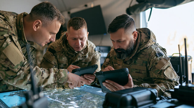 Military soldiers analyzing a tactical map and planning a mission with digital tablets in a command center