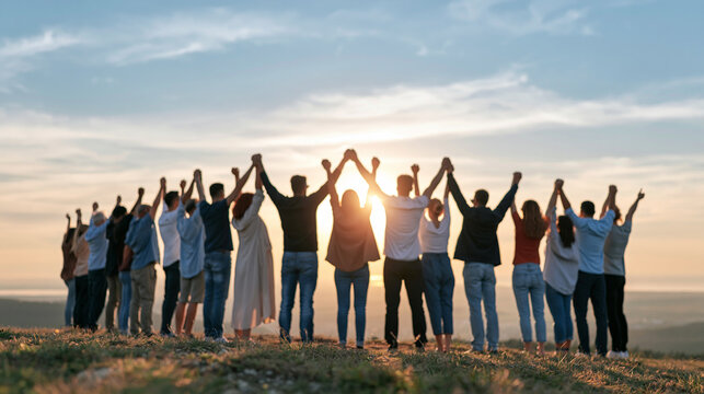 Group of people standing on a hill holding hands and raising arms, celebrating unity and success at sunset