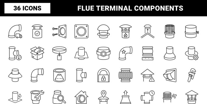 Flue Terminal Flue Fitting Web Icon Set in Linear Style. Collection of exhaust courier, pipe fitting, roof cowl, vent installation, heating logistics, chimney parts line icons, including packaging