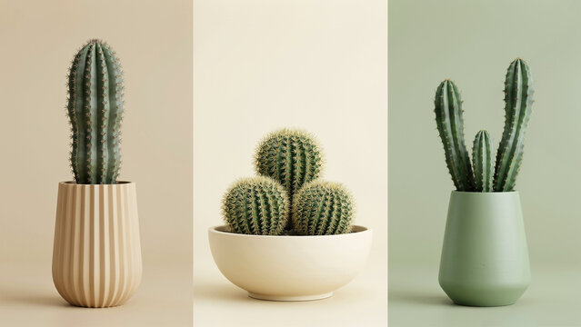 Various cactus plants in ceramic pots and bowls against neutral and green backgrounds