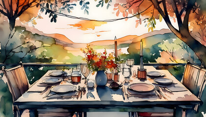 Fototapeta premium Autumnal Sunset Terrace Dining