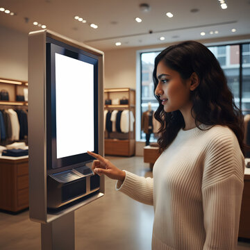 Woman interacting with a digital interactive display screen inside a modern retail clothing store
