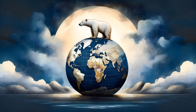 A majestic polar bear standing atop a globe above the ocean under a glowing moon
