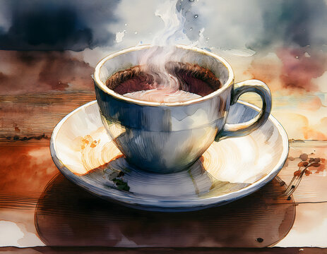 A ceramic coffee cup with steaming hot coffee on a wooden table