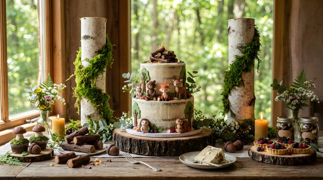 Woodland themed two-tier rustic birthday cake with fondant animals