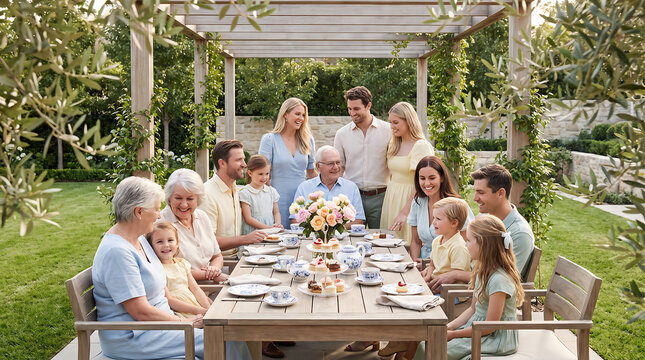 Multi-generational family gathering for afternoon tea at a wooden table under a garden pergola, with various ages interacting outdoors
