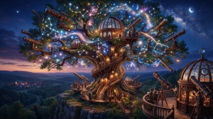 Obraz premium Whimsical Observatory Treehouse: An enchanted treehouse, adorned with twinkling lights and whimsical observatory domes, sits atop a cliff overlooking a twilight landscape.