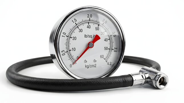 Analog pressure gauge with black hose for pneumatic measurement.
