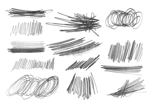 Set hand drawn scribble lines and shapes, graphite pencil, isolated on white background, design element, clipping path