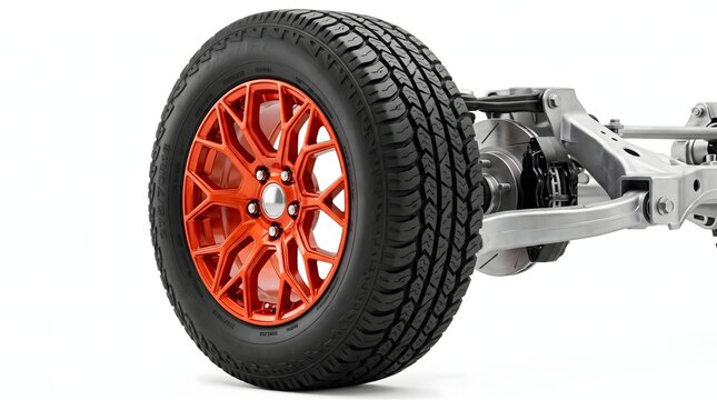 Automobile wheel with orange rim and tire attached to suspension system.