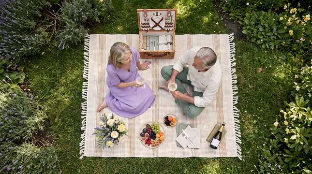 Man and woman having a picnic on a striped blanket in a lush green garden with a wicker basket, wine, fruit, and flowers, angle view
