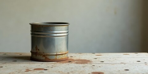Naklejka premium Rustic metal container with signs of age and wear sits on a weathered wooden surface against a neutral backdrop