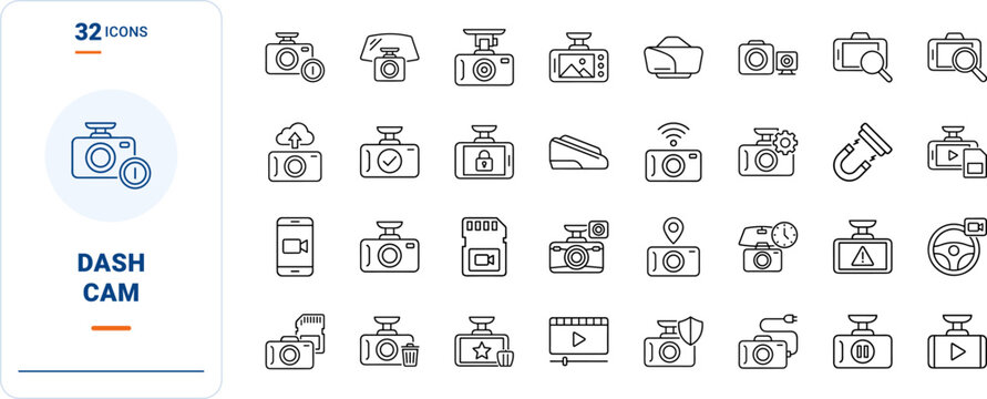 Dash Cam Footage Review Web Icon Set in Linear Style. Collection of vehicle video line icons, including recording, playback, storage, safety, evidence, tracking.