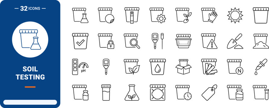 Soil Test Kit Soil Analysis Web Icon Set in Linear Style. Collection of line icons, including soil testing, sample analysis, nutrient check, acidity measurement, laboratory testing, crop health.