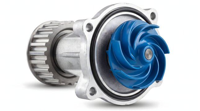 Automotive water pump with blue impeller used for cooling engine system.