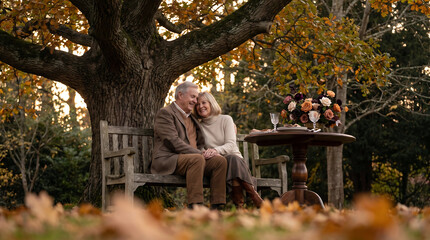 Fototapeta premium Senior couple sitting together on a wooden bench under a large autumn tree with a small round table, wine glasses, and a floral centerpiece nearby