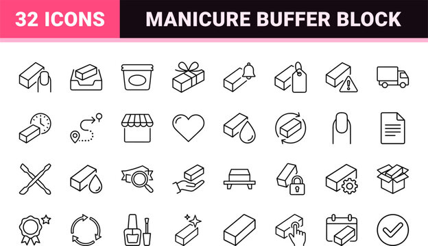 Nail Buffer Web Icon Set in Linear Style. Collection of Manicure Polish line icons, including smoothing, buffer block, nail care, manicure tool, shine finish, nail prep.