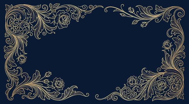Elegant golden floral corner frame border on dark blue background, vintage ornate decorative flourishes