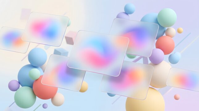 Abstract 3d render of frosted glass rectangles and colorful spheres floating in a light pastel background.