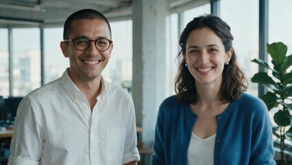 Fototapeta premium Generative AI, Two happy business colleagues smiling together in a modern office