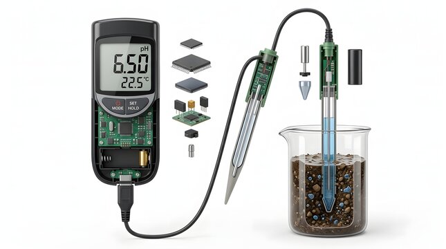 Digital Soil pH Meter and Sensor Probe Scientific Cross Section Analysis for Agriculture Testing