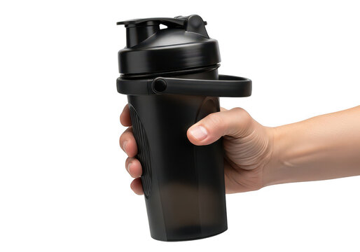 A black plastic shaker bottle held in a hand on transparent background