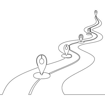 Continuous one single line drawing Winding road with directional pins representing business strategy and journey planning icon vector illustration concept