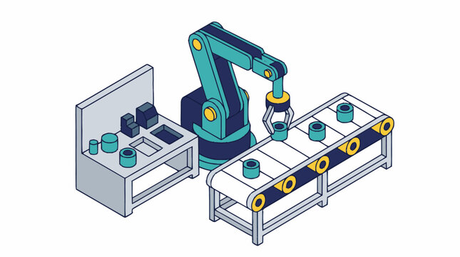 Industrial robotic arm assembling products on conveyor belt.