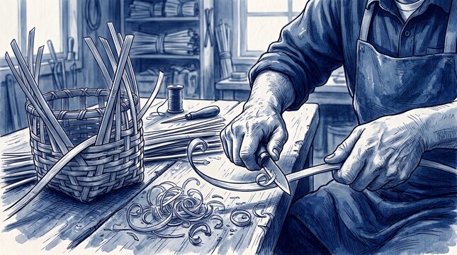 Close up of artisan hands carving wood strips.